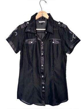 Raw Blue Short Sleeve Snap Button Fleur De Lis Wings Bling Punk Goth Top Large